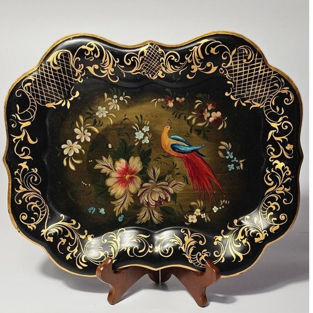 Toleware Hand Painted Tray 1955 Black Gold Floral Bird Mid Century George Fowler